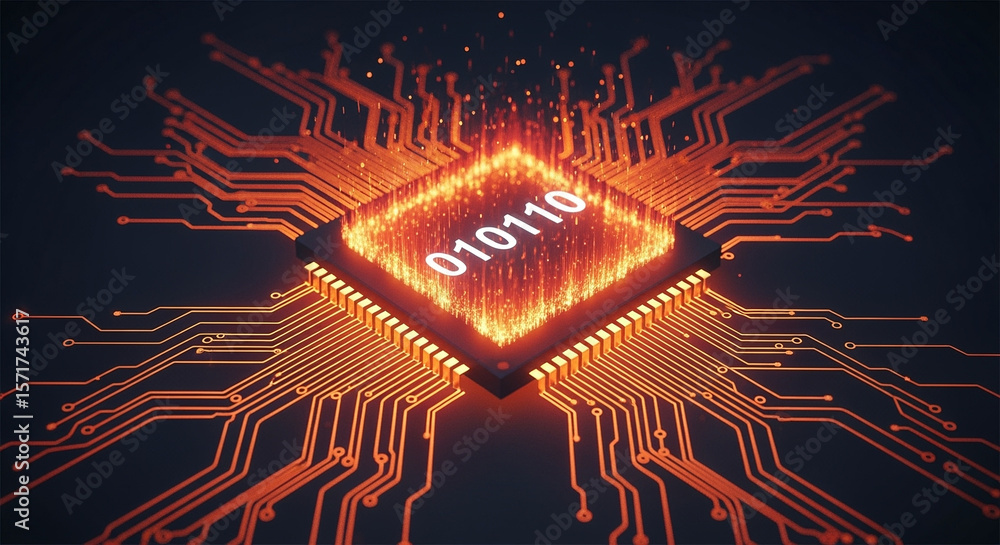 Poster glowing microchip with binary code and orange circuit board connections