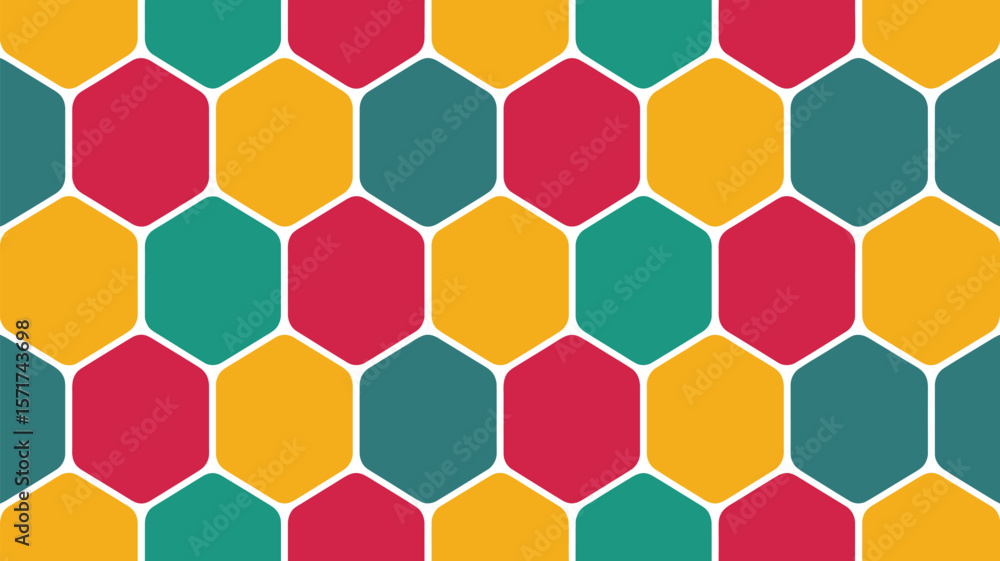 Poster a colorful background with a repeating pattern of red yellow and green hexagons