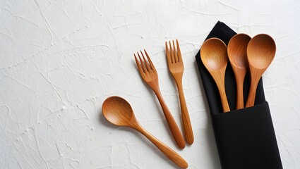 Wooden Cutlery Set and Napkin Mockup on White Background