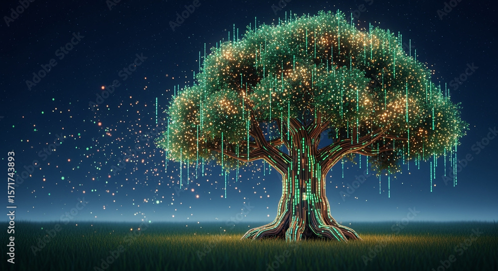 Aufkleber digital tree with glowing lights and data streams in a grassy field at night