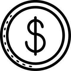 A single isolated black stroke line icon of a coin with a dollar sign, symbolizing currency or payment, minimal monoline, white background.