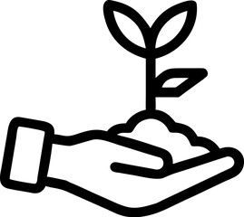A single isolated black stroke line icon of a hand holding a small plant or trowel, representing gardening or plant care, clean style, white background.