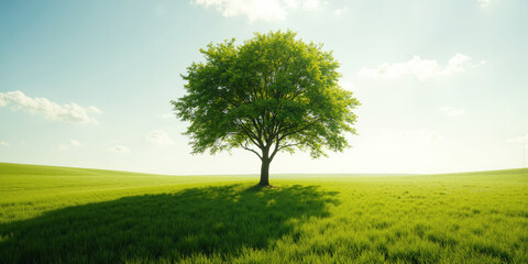 Fototapeta premium A solitary tree with a full green canopy standing in the middle of a vast, rolling field of bright green