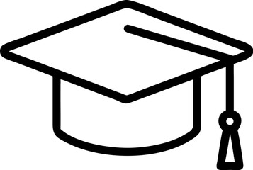 A single isolated black stroke line icon of a graduation hat with tassel, symbolizing graduation or academic success, clean line art, white background.