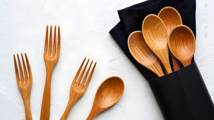 Wooden Cutlery Set and Napkin Mockup on White Background