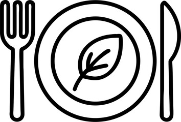 A single isolated black stroke line icon of a plate with fork and leaf on top, symbolizing healthy eating or nutrition, monoline style, white background.