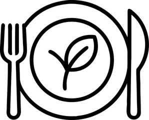 A single isolated black stroke line icon of a plate with fork and leaf on top, symbolizing healthy eating or nutrition, monoline style, white background.