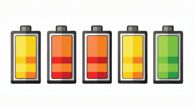 Five battery charge level indicators showing different energy states vector