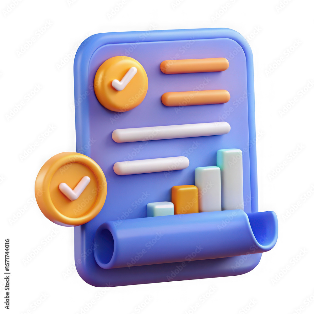 Poster 3d stylized report with graph and checkmarks isolated on transparent background