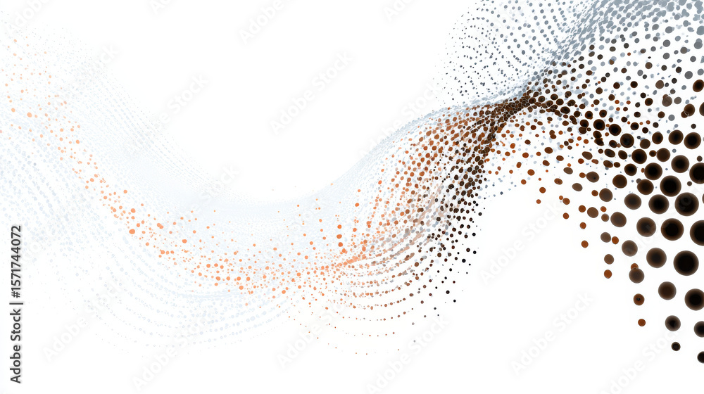 Poster flowing dots particles wave pattern halftone gradient curve shape isolated on white background. vect