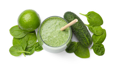 Tasty spinach smoothie and ingredients isolated on white, top view