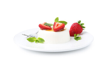 Tasty panna cotta with caramel, strawberries and mint isolated on white