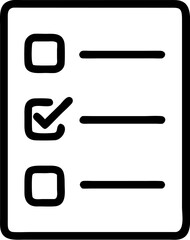 A single isolated black stroke line icon of a checklist with tick boxes, representing task management, minimal, monoline, white background.
