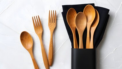Wooden Cutlery Set and Napkin Mockup on White Background