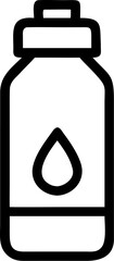 A single isolated black stroke line icon of a water bottle with drop symbol, representing hydration or fitness, minimal stroke, white background.