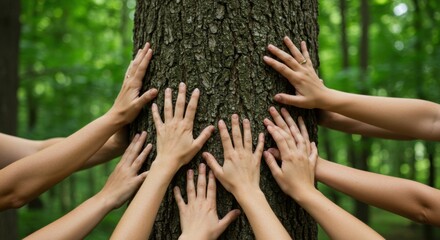 Family Hands on Tree Trunk in Forest