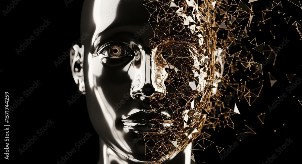 Poster robot face dissolving into golden digital network particles