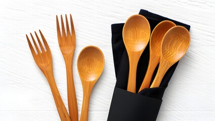 Wooden Cutlery Set and Napkin Mockup on White Background