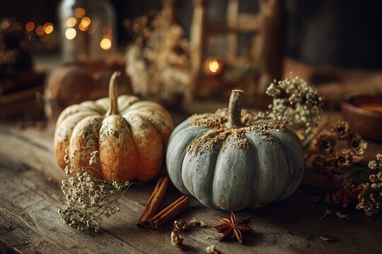 A rustic autumn still life featuring pumpkins, cinnamon sticks, star anise, and dried flowers on a wooden table, evoking a cozy Thanksgiving atmosphere.