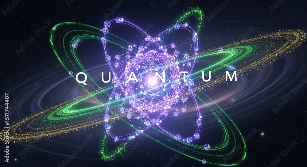 Poster quantum atom structure with orbiting particles and glowing rings in space