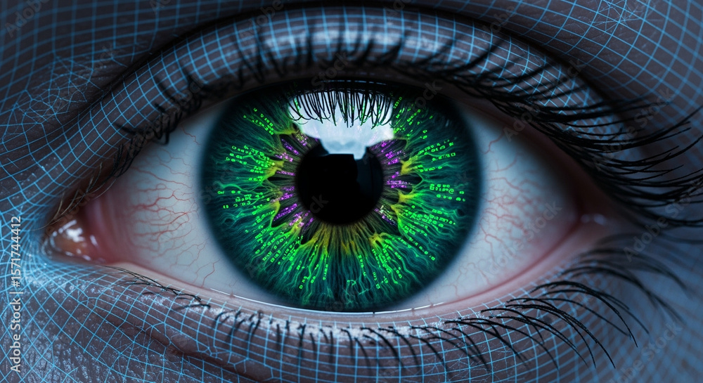 Aufkleber cybernetic eye with digital circuit patterns and grid overlay