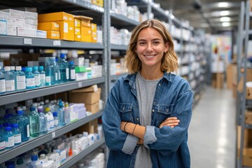 Pharmacy technician standing confidently in work jacket with slight smile and blurred medicine shelf background 