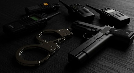 Police Equipment Displayed on Black Wooden Table