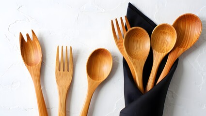 Wooden Cutlery Set and Napkin Mockup on White Background