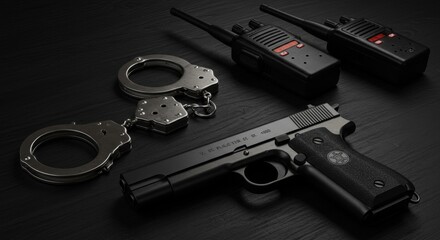Police Equipment Close-Up on Black Table