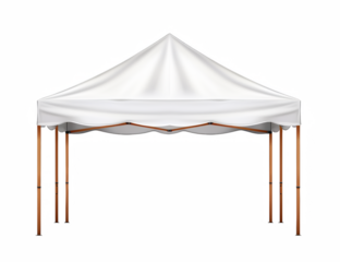 A pristine white event tent stands ready for a party, fair, or market, offering shade with its canopy and supporting metal frame.