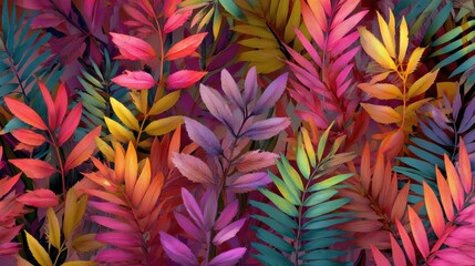 Abstract foliage botanical seamless background. Colorful wallpaper of tropical plants, flowers, floral, leaf branches. Foliage of exotic plants in summer for banner, prints, decor, wall art., no logo