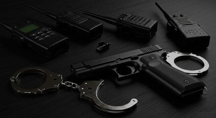Police Equipment Close-Up on Black Wooden Table