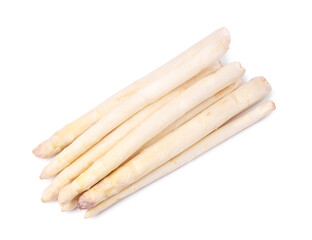 Many raw asparagus spears isolated on white, top view