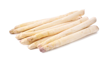 Many raw asparagus spears isolated on white