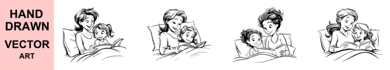 Mother reading bedtime story to daughter in cozy bed illustration black and white hand drawn vector sketch family bonding childhood sleep time book