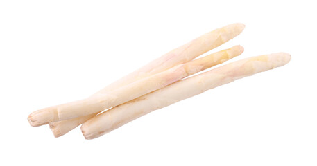 Three raw asparagus spears isolated on white, top view