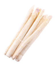 Bunch of raw asparagus spears isolated on white, top view