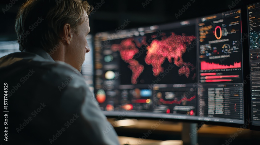 Poster it specialist monitoring a network on a screen with the crowdstrike dashboard, highlighting real-tim