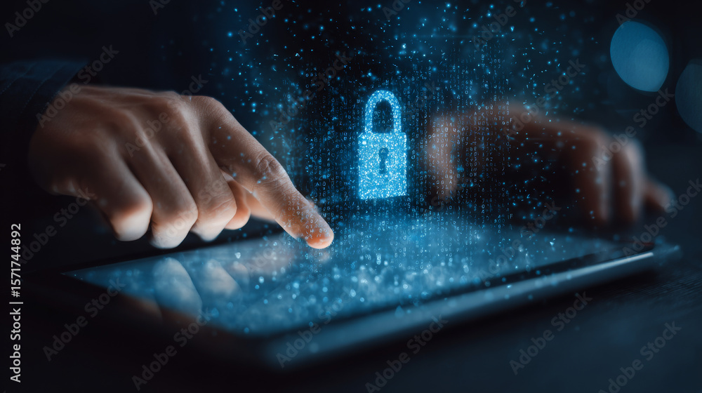 Aufkleber network security system. personal data information on tablet.information and cyber security technolo