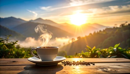 Cup of hot coffee on wood table, mountain view, sunrise