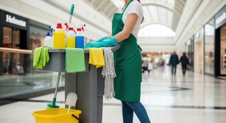 A cleaner with a cleaning cart is working in the hallway of a shopping mall