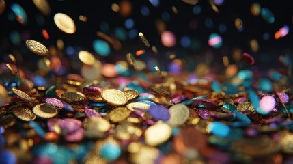 Dynamic burst of colorful coins and particles in vivid motion