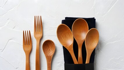 Wooden Cutlery Set and Napkin Mockup on White Background