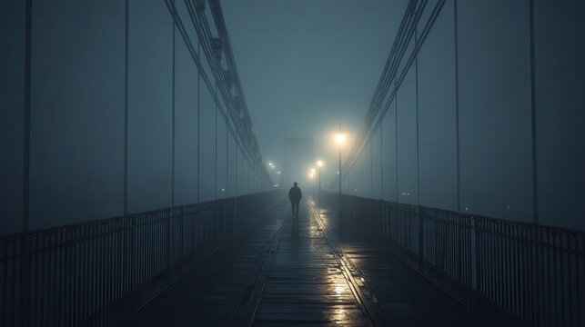 Solitary Figure Walking on a Foggy Bridge at Night