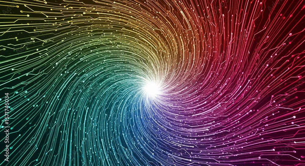 Poster abstract digital circuit lines vortex with rainbow colors