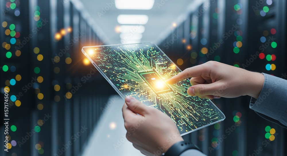 Poster man touching futuristic transparent tablet with circuit board in data center