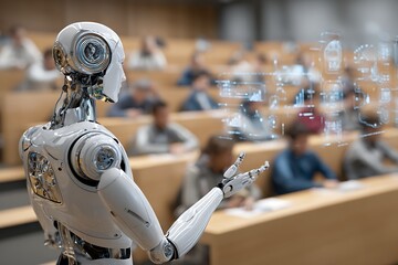 A futuristic classroom scene featuring a white robot giving a presentation to students, showcasing the integration of AI in education.