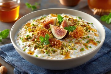Luxurious oatmeal topped with figs, pistachios, and honeycomb on linen napkin 