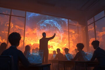A futuristic classroom setting with students and a teacher presenting a holographic sphere against a vibrant sunset backdrop.