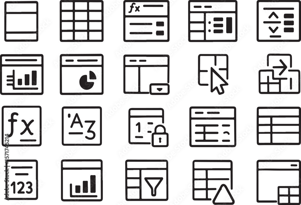 Fototapete Collection of modern outline icons representing various data analysis tools and interface elements for digital applications and websites